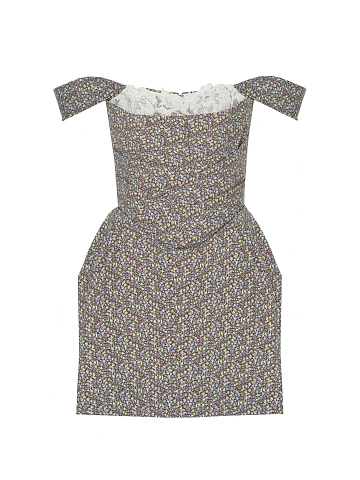 Brown Floral Print Lace Trim Cotton Mini Dress, 1