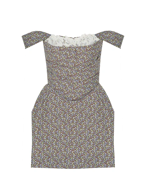 Brown Floral Print Lace Trim Cotton Mini Dress, 1