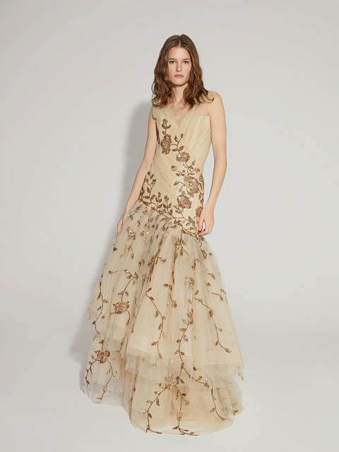 Beige Asymmetric Embroidered Mesh Maxi Dress, 2