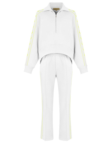 White & Neon Yellow Lily Embroidered Jersey Suit, 1