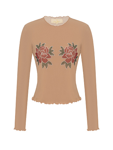 Beige Rhinestones Rose Mesh Longsleeve, 1