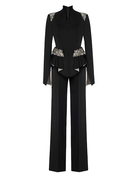 Black Rhinestones Wool Pant Suit, 1