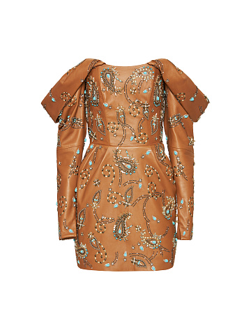 Turquoise & Crystals Embroidered Brown Leather Mini Dress, 1