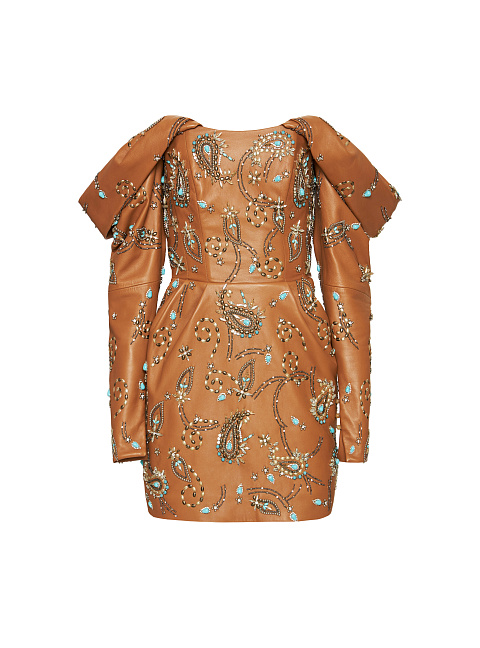 Turquoise & Crystals Embroidered Brown Leather Mini Dress, 1
