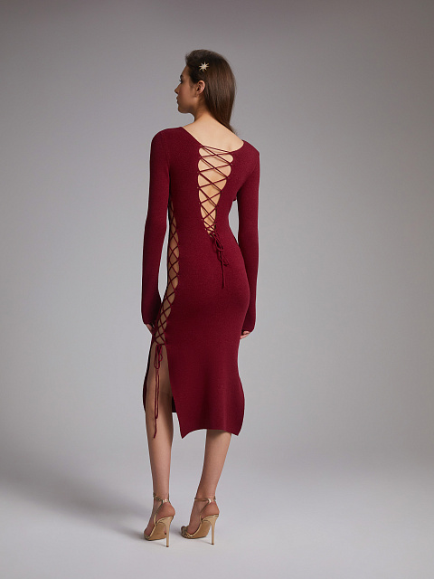 Bordeaux Lace Up Jersey Midi Dress, 7
