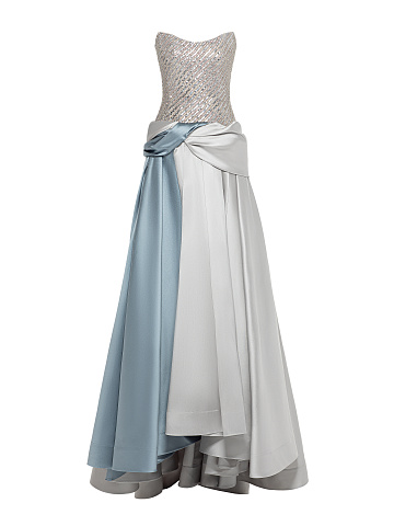 Grey & Light Blue Sequin Taffeta Maxi Dress, 1