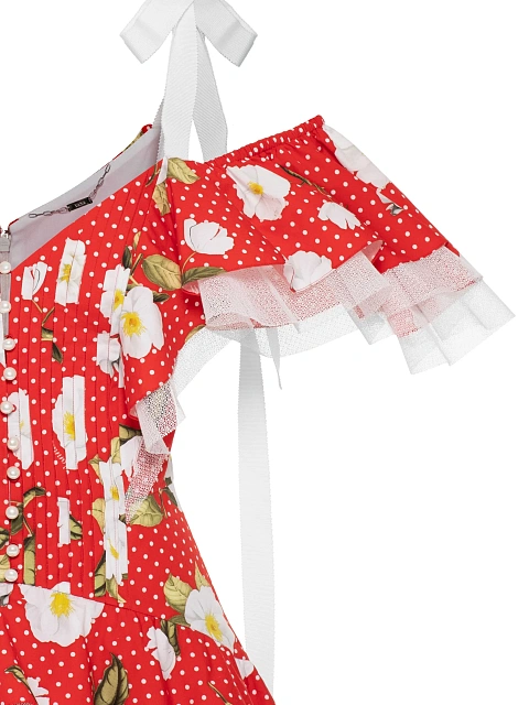 Red cotton mini dress with floral print, 6