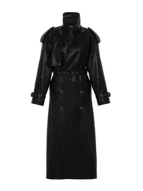Black Textured Leather Trench Coat, 7