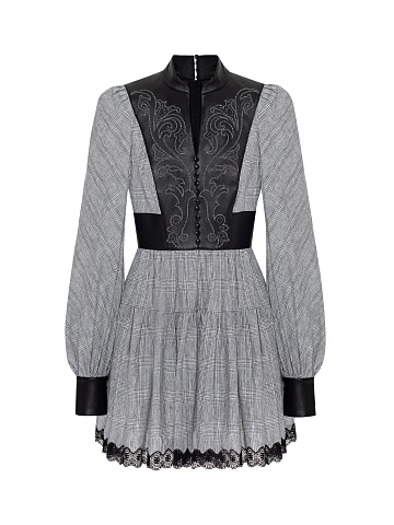 Black & Grey Check Cotton Mini Dress, 1