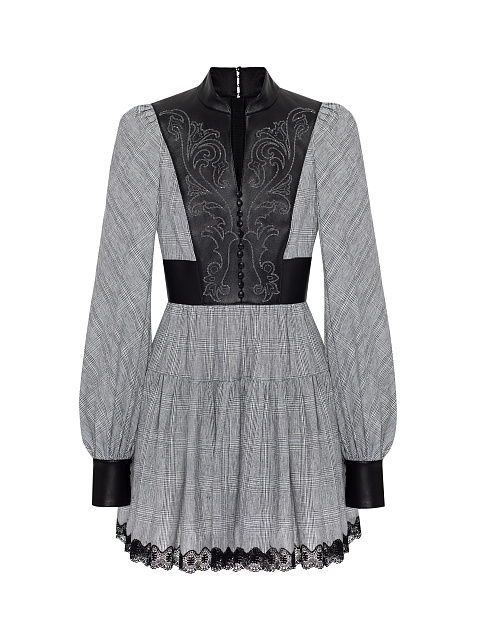 Black & Grey Check Cotton Mini Dress, 1