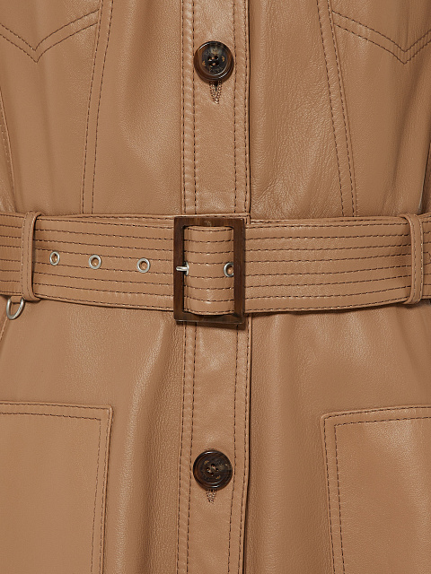 Beige Belted Leather Coat, 3