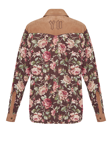 Brown Cotton & Suede Floral-Print Shirt, 2