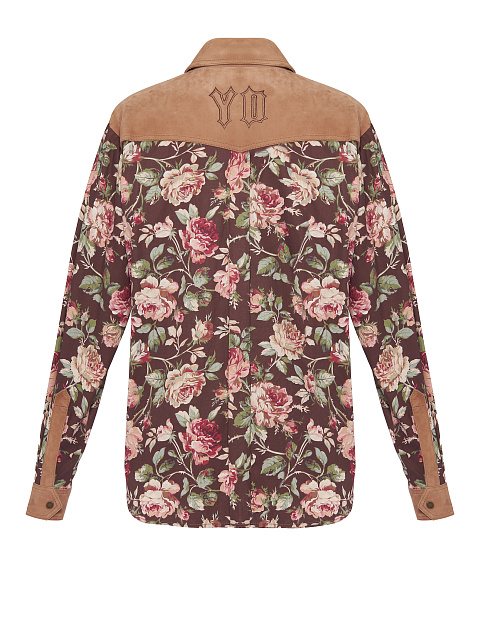 Brown Cotton & Suede Floral-Print Shirt, 2 Brown Cotton & Suede Floral-Print Shirt, 2