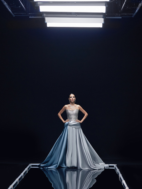 Grey & Light Blue Sequin Taffeta Maxi Dress, 8