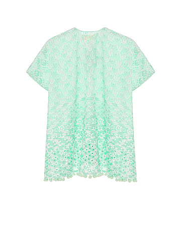 Kid's Green Pompon Trim Cotton Tunic Dress, 2