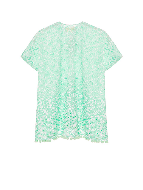 Kid's Green Pompon Trim Cotton Tunic Dress, 2