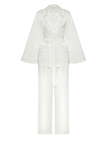 White Embroidered "Bride" Silk Pajama Set, 1