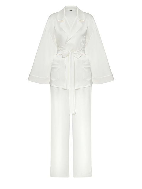 White Embroidered "Bride" Silk Pajama Set, 1