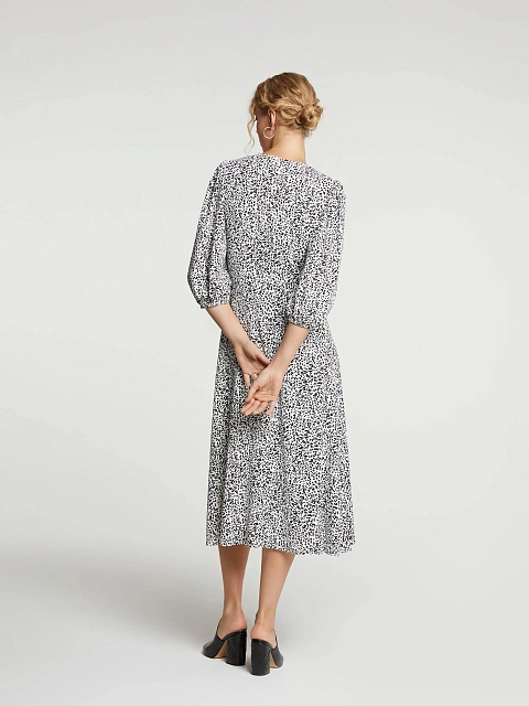 White & Black Printed Lantern Sleeve Midi Dress, 6