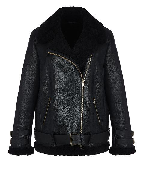 Oversized Black Belted Shearling Biker Jacket, 1
