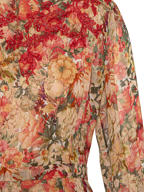 Beige Floral Chiffon Midi Dress, 4
