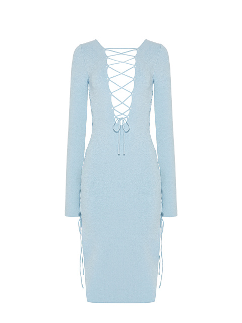 Light Blue Lace Up Jersey Midi Dress, 1