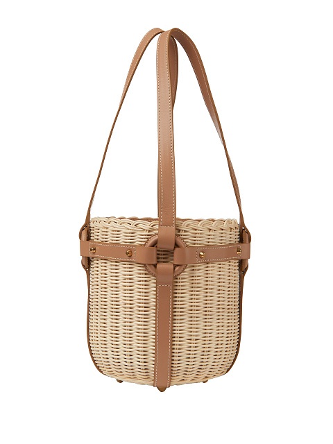 Brown Leather Trimmed Straw Bucket Bag, 3