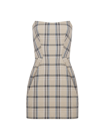 Beige Checked Cotton Strapless Mini Dress, 1