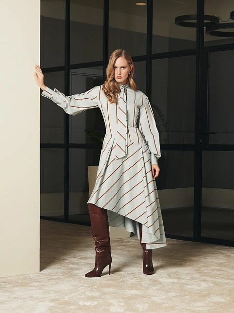 Mint Green Striped Cotton Asymmetric Midi Dress, 7