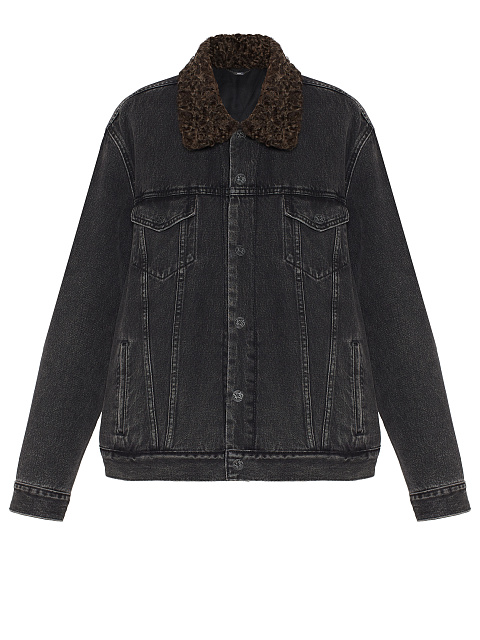 Black Embroidered Denim & Astrakhan Fur Jacket, 1