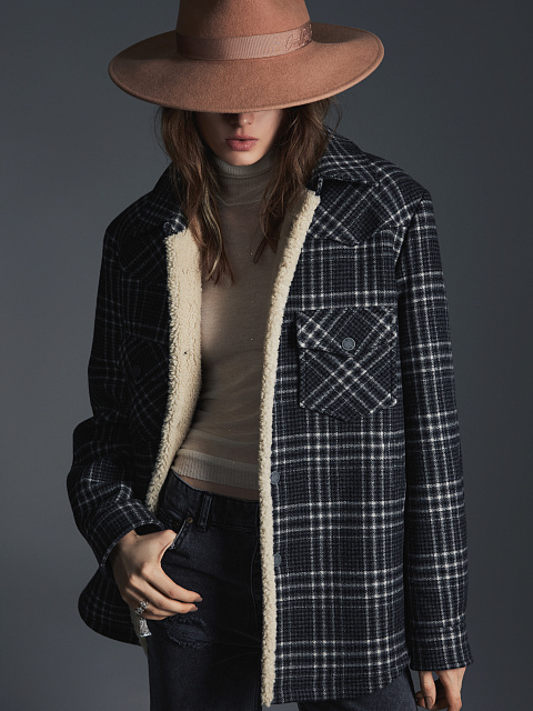 Black Checkered Wool & Beige Shearling Jacket, 4