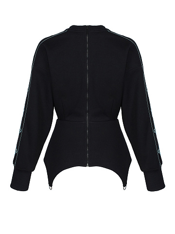 Black & Grey Embroidery Lily Cotton Peplum Sweatshirt, 2