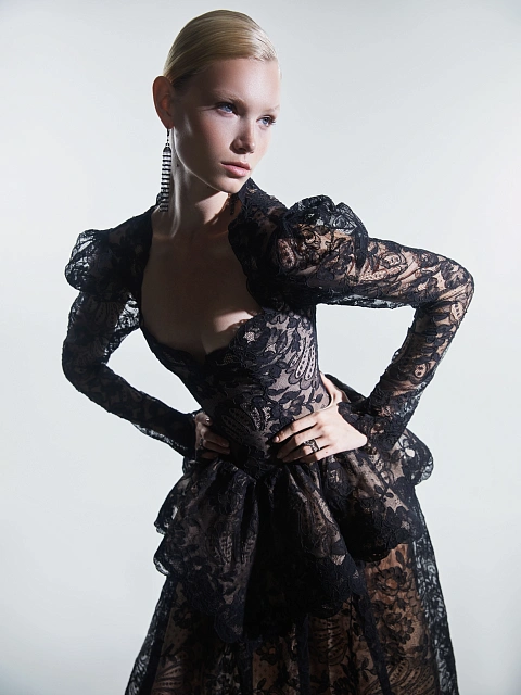 Black Lace Peplum Midi Dress, 2