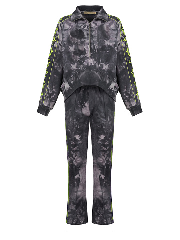 Grey Tie-dye & Neon Green Cross Embroidered Jersey Suit, 1