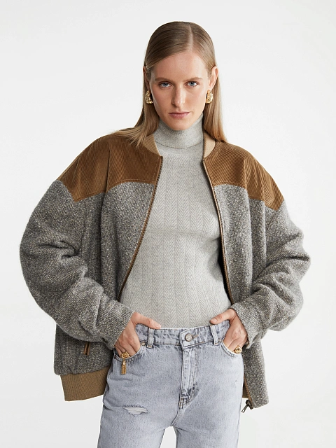 Grey Lurex Boucle Wool Bomber Jacket, 10