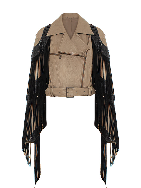 Brown Fringed & Embroidered Leather Biker Jacket, 1