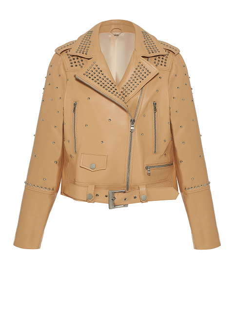 Beige Studded Leather Biker Jacket, 1