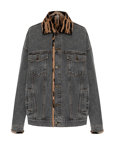 Grey Denim & Printed Goat Fur Jacket, 1