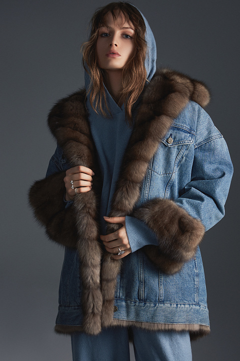 Blue Denim & Sable Fur Long Jacket, 6