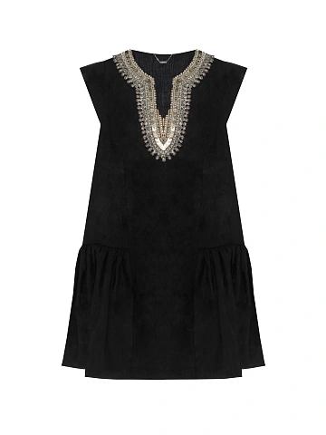 Black linen mini dress with embroidery, 1