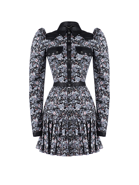 Black Cotton Floral-Print Mini Dress, 1