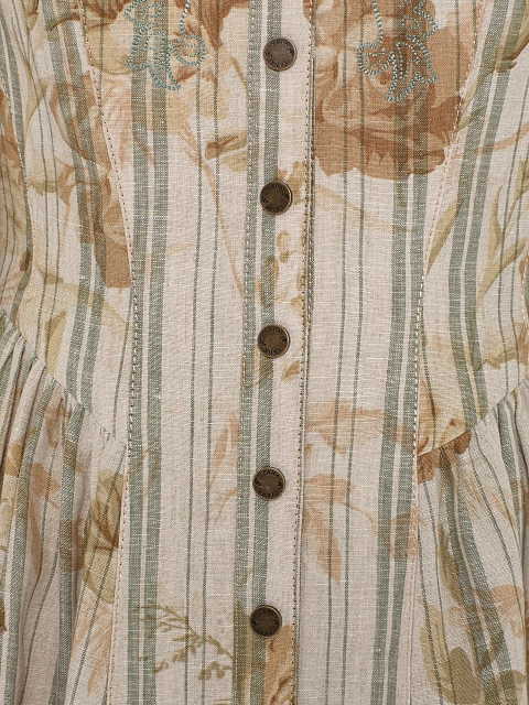 Beige Floral Print Linen Mini Dress, 3