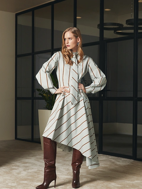 Mint Green Striped Cotton Asymmetric Midi Dress, 4