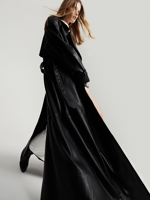 Black Textured Leather Trench Coat, 19