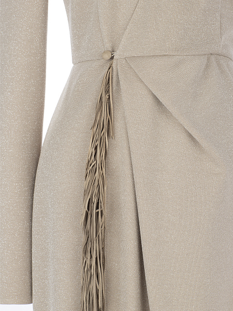 Beige Lurex Jersey Fringed Wrap Dress, 3