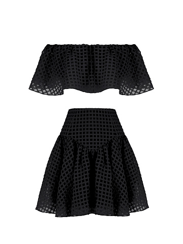 Black Checked Chiffon Top & Mini Skirt, 1