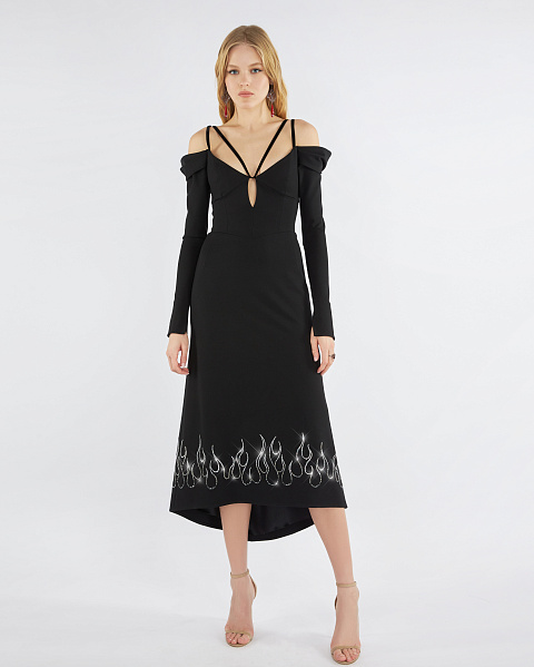 Black Rayon Rhinestones Midi Dress, 5