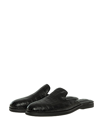 Men Black Crocodile Leather Mules, 1