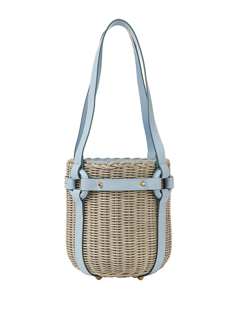 Blue Leather Trimmed Straw Bucket Bag, 2
