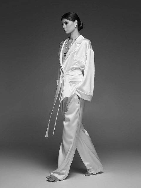 White Embroidered "Bride" Silk Pajama Set, 11